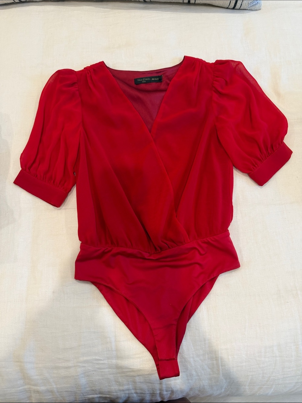 House of Harlow 1960 Red Puff-Sleeve Wrap Bodysuit